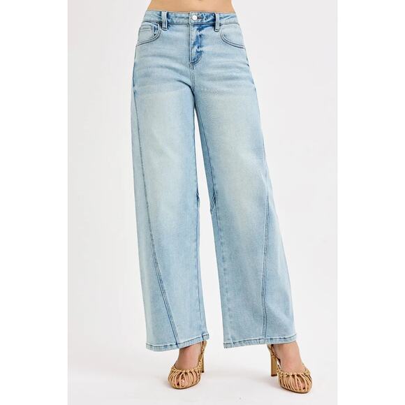 RISEN Mid Rise Waist Zipper Fly Stretch Light Blue Wash Barrel Leg Denim Jeans - Picture 5 of 7